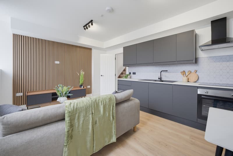 Shared kitchen and lounge with oak slat feature wall, grey units and corner sofa